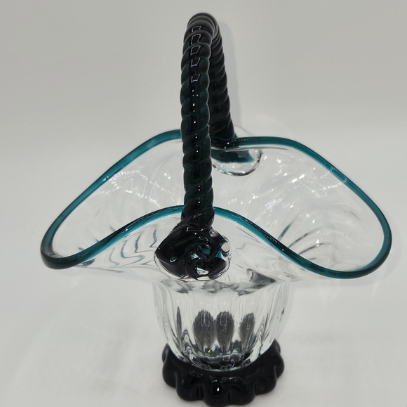 Vintage Clear & Turquoise Hand Blown Optic Glass Basket Applied Rope Handle - Picture 5 of 15